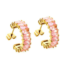 Load image into Gallery viewer, Stainless Steel Gold Color PVD C Shaped Rectangular Pink Zircon With Double Prong Setting Earrings