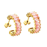 Stainless Steel Gold Color PVD C Shaped Rectangular Pink Zircon With Double Prong Setting Earrings