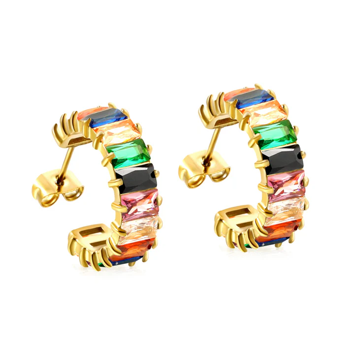Stainless Steel Gold Color PVD C Shape With Two Catch Baguette Mixed Diamond Stud Earrings