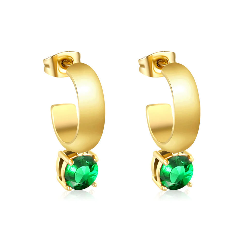 Stainless Steel Gold Color PVD C Shaped Hoop With Four Scratches Round Green Diamond Stud Earrings