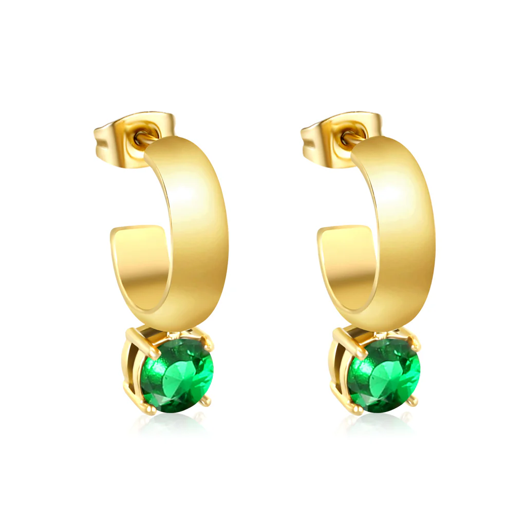 Stelluxe Stainless Steel Gold Color PVD C Shaped Hoop With Four Scratches Round Green Diamond Stud Earrings