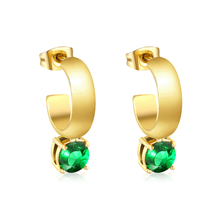 Load image into Gallery viewer, Stelluxe Stainless Steel Gold Color PVD C Shaped Hoop With Four Scratches Round Green Diamond Stud Earrings