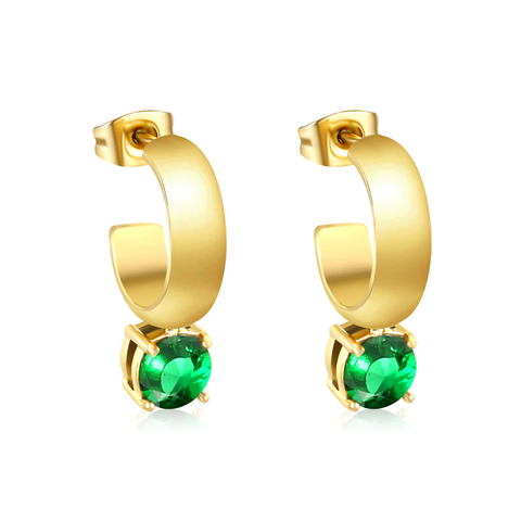 Stelluxe Stainless Steel Gold Color PVD C Shaped Hoop With Four Scratches Round Green Diamond Stud Earrings