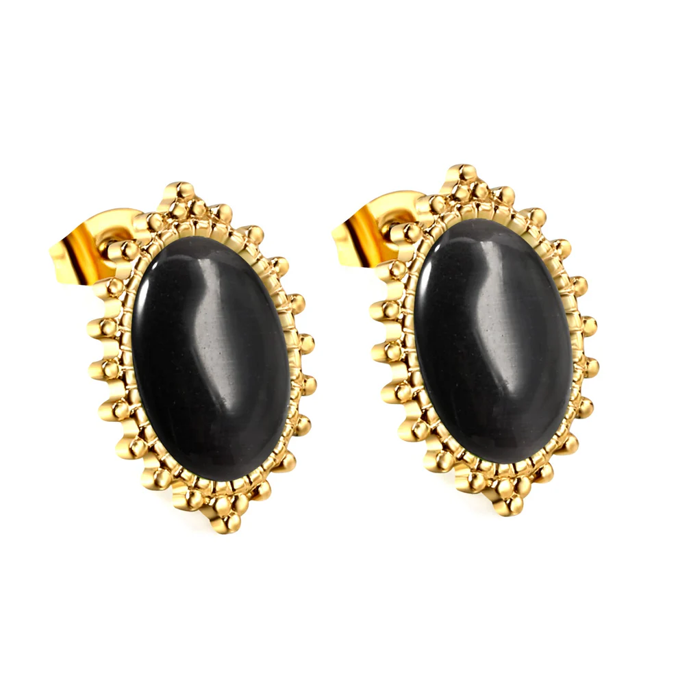 Stainless Steel Gold Color PVD Loose Bead Edge Oval With Black Cat's Eye Stones Earrings