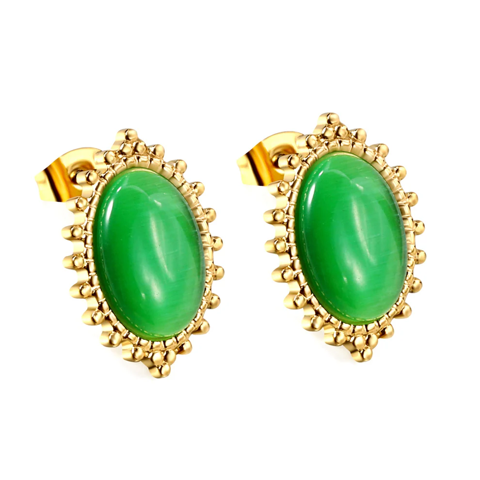 Stainless Steel Gold Color PVD Loose Bead Edge Oval With Green Cat's Eye Stones Earrings