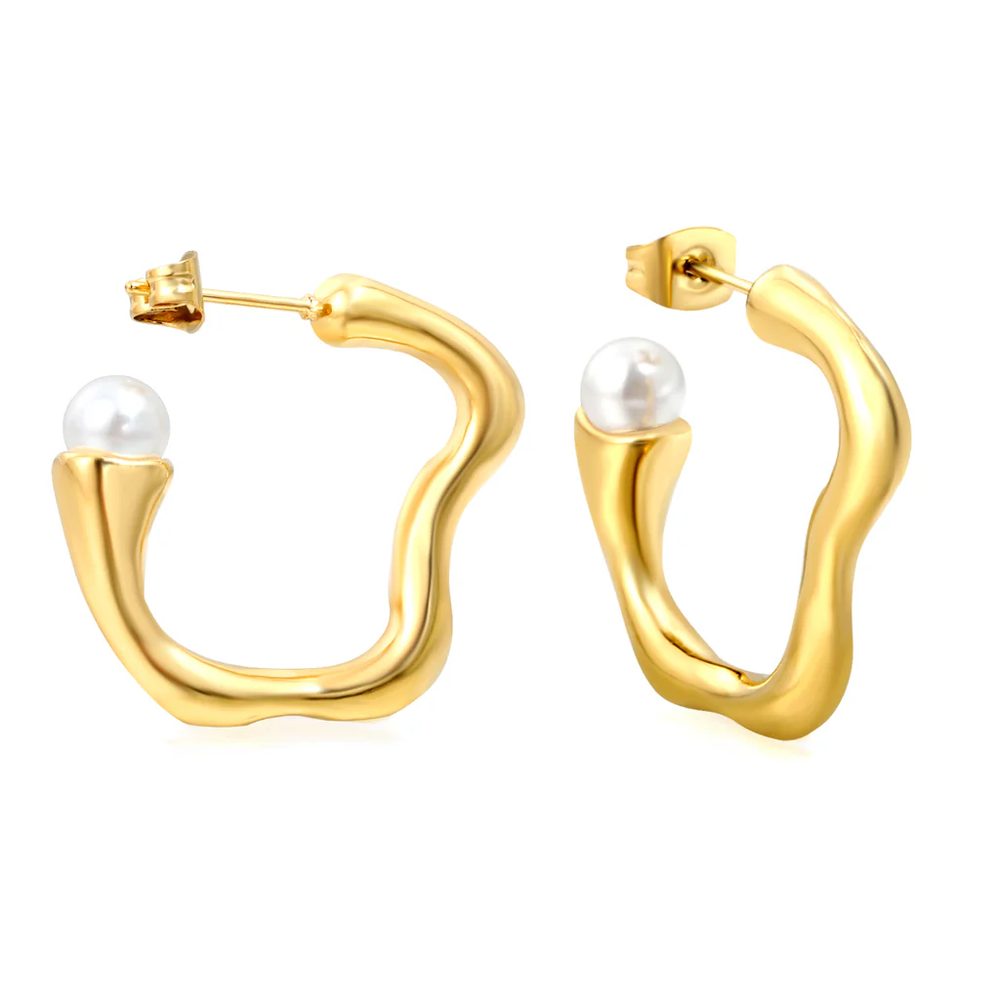 Stainless Steel Gold Color PVD Wave C Shape White Glue Bead Earrings