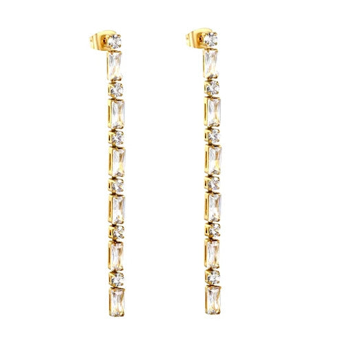 Stainless Steel Gold Color PVD Rectangle And Round White Diamonds Hanging Earrings