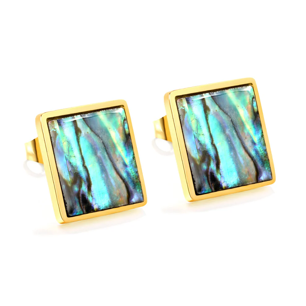 Stainless Steel Gold Color PVD Square With Oil Drip Abalone Shell Earrings