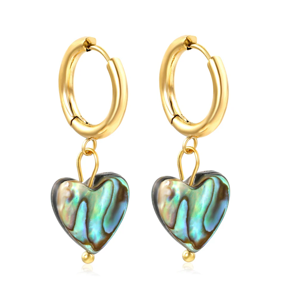 Stainless Steel Gold Color PVD Circle With Heart Shaped Abalone Shell Earrings