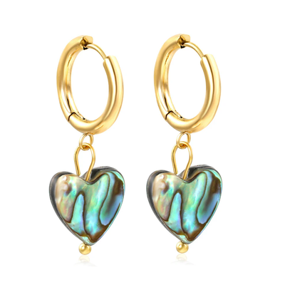 Tresoli Stainless Steel Gold Color PVD Circle With Heart Shaped Abalone Shell Earrings