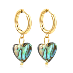 Tresoli Stainless Steel Gold Color PVD Circle With Heart Shaped Abalone Shell Earrings