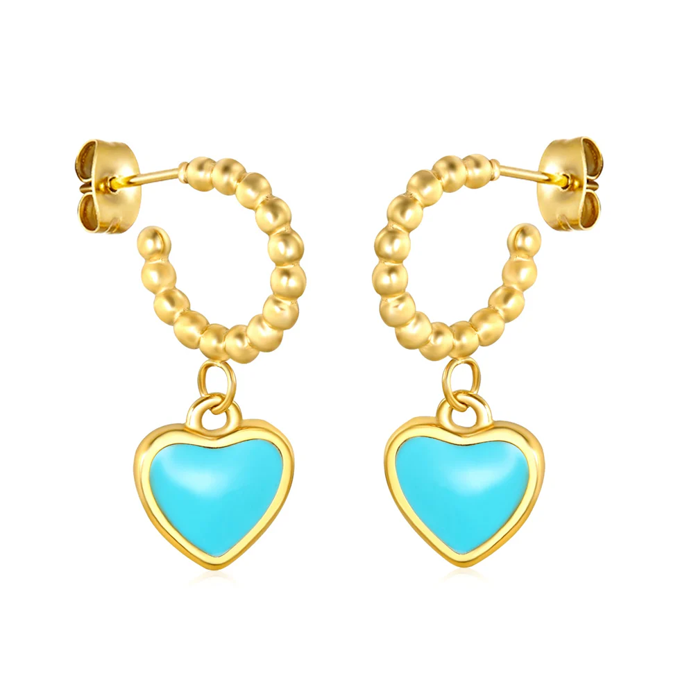 Tresoli Stainless Steel Gold Color PVD Blue Oil Drop Peach Heart Semi Circular Earrings