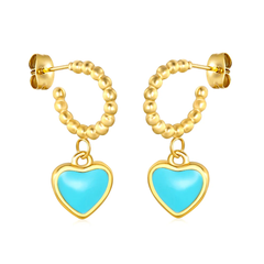 Tresoli Stainless Steel Gold Color PVD Blue Oil Drop Peach Heart Semi Circular Earrings