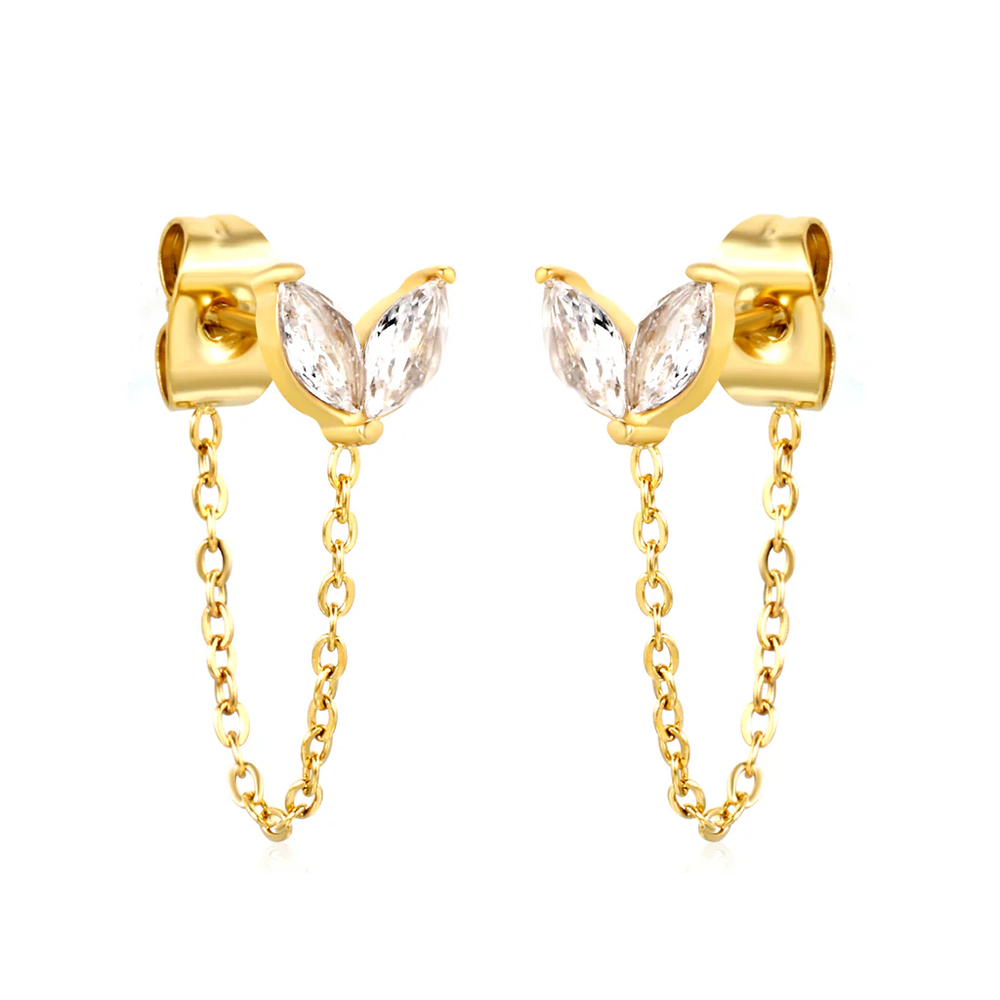 Stainless Steel Gold Color PVD Small Grass Buds With White Zirconia Cross Chain Earrings
