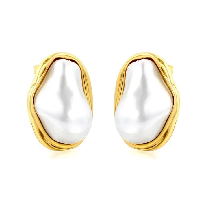 Stainless Steel Gold Color PVD Twisted Frame Baroque Irregular Pearl Stud Earrings