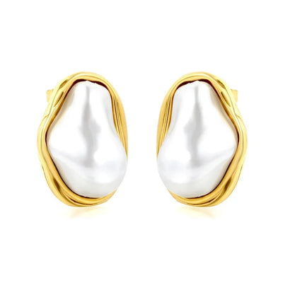 Stainless Steel Gold Color PVD Twisted Frame Baroque Irregular Pearl Stud Earrings