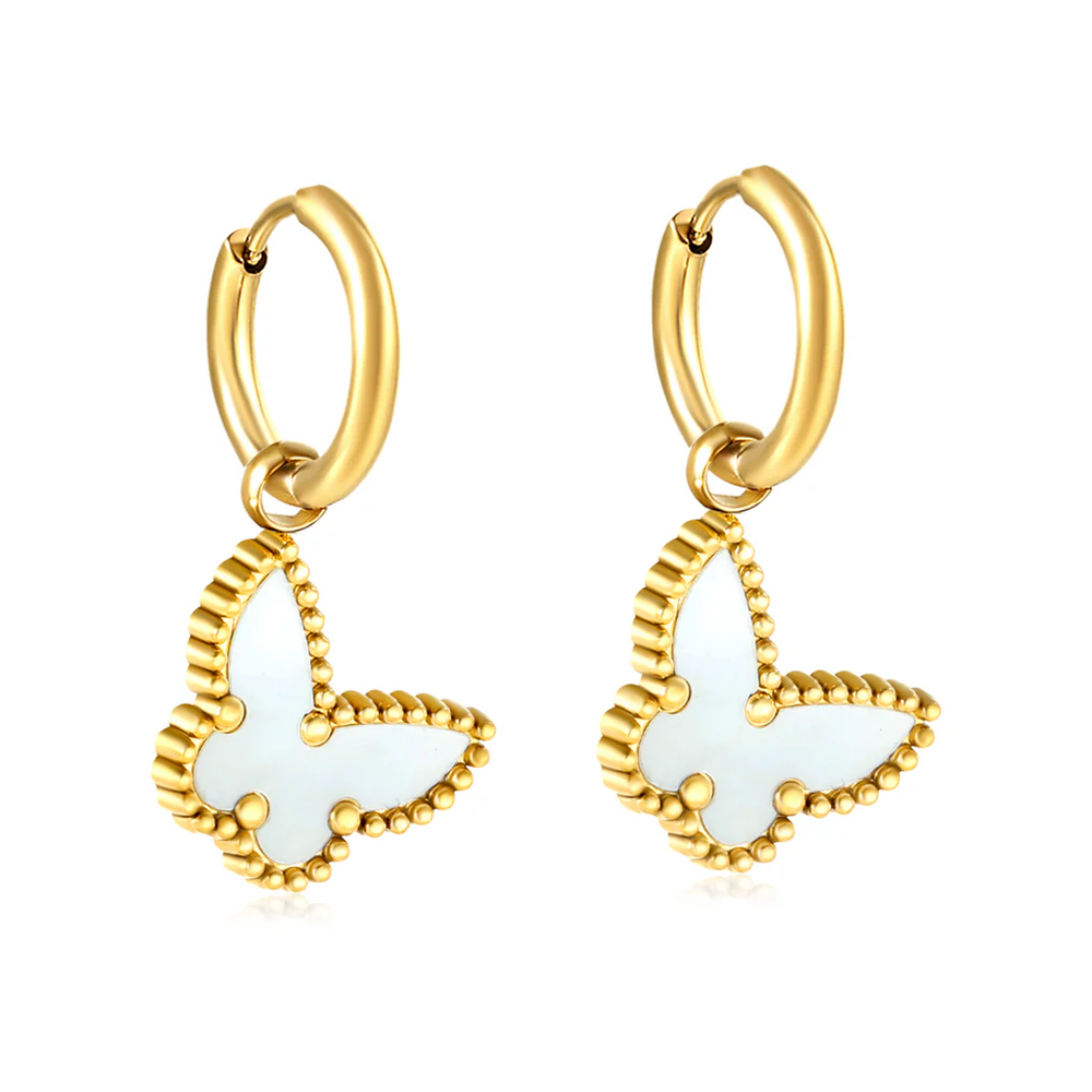 Stainless Steel Gold Color PVD Inner Ear Hook White Shell Butterfly Earrings