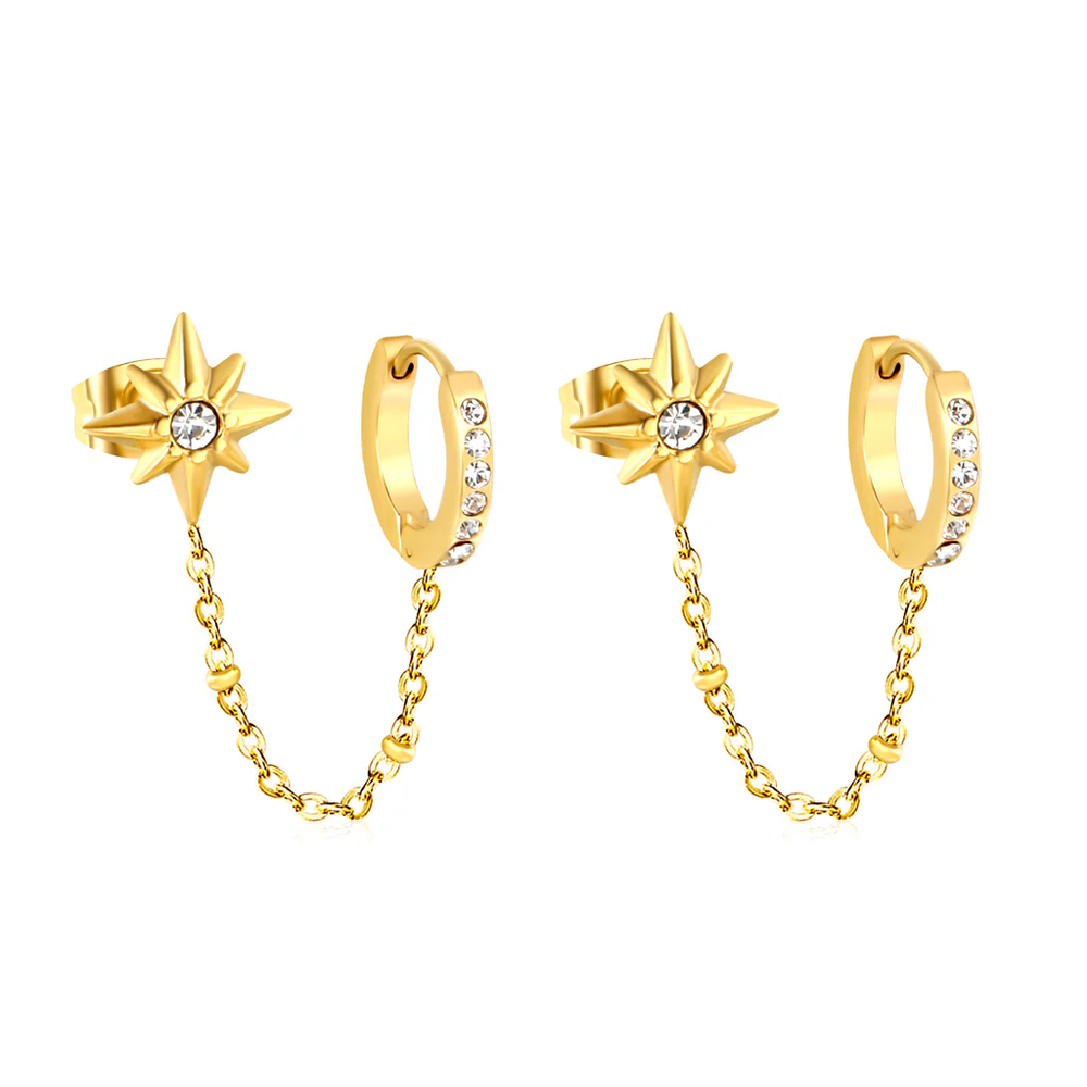 Stainless Steel Gold Color PVD Eight Pointed Star And Ear Hook Circle With Diamond Earrings