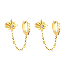 Load image into Gallery viewer, Stelluxe Stainless Steel Gold Color PVD Eight Pointed Star And Ear Hook Circle With Diamond Earrings