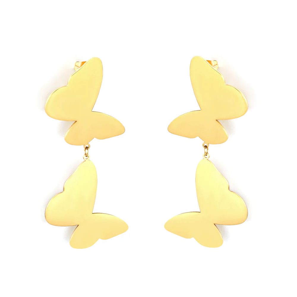 Stainless Steel Gold Color PVD Swinging Tassel Butterfly Stud Earrings