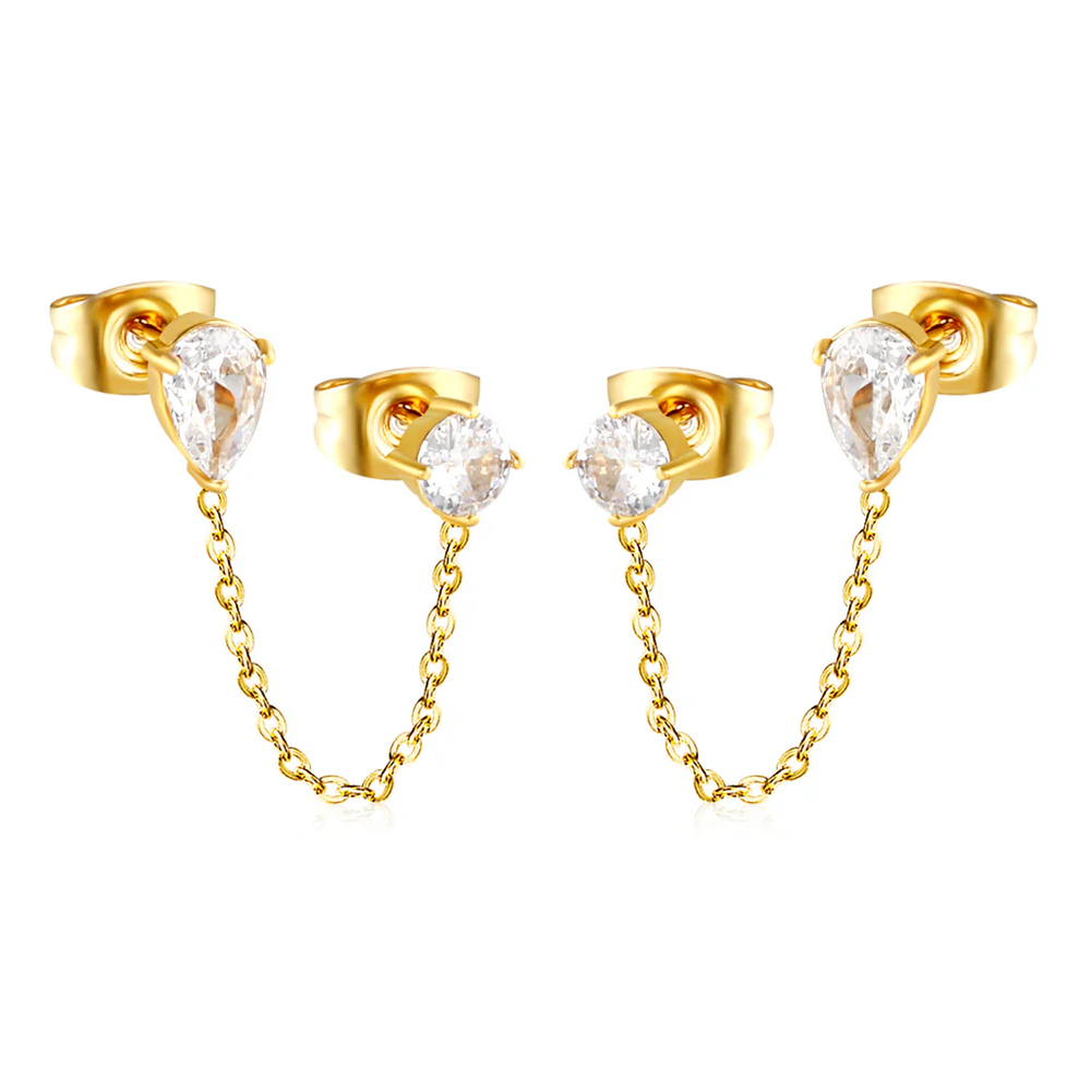 Stainless Steel Gold Color PVD Round Diamond And Double Prong Teardrop White Zirconia Earrings