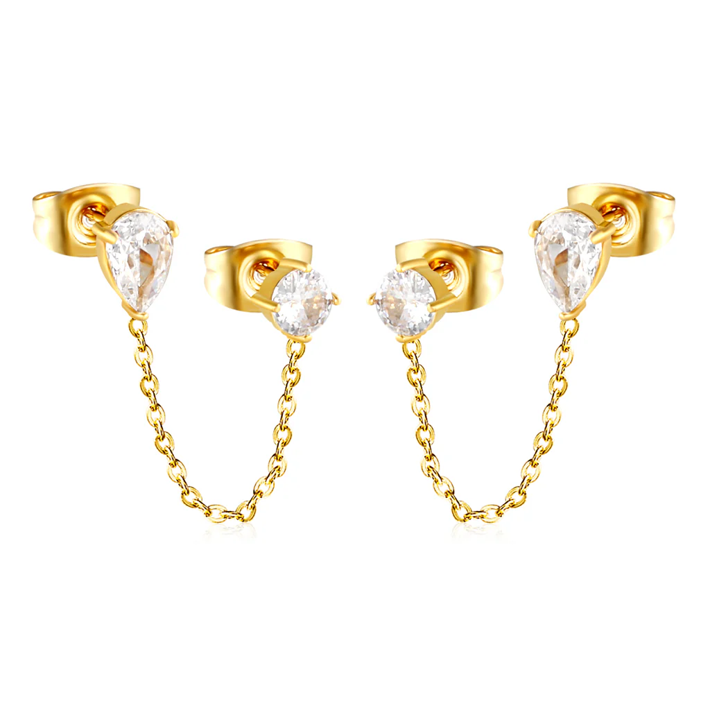 Stelluxe Stainless Steel Gold Color PVD Round Diamond And Double Prong Teardrop White Zirconia Earrings