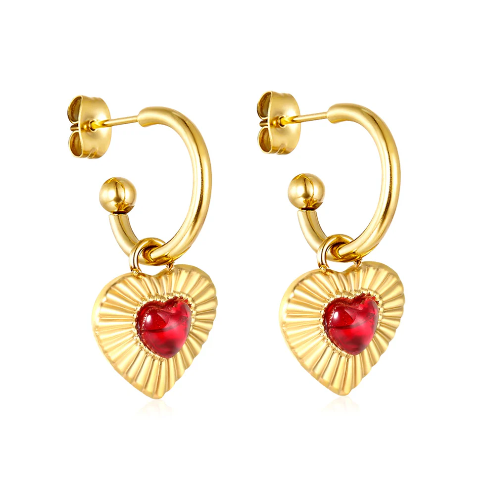 Stainless Steel Gold Color PVD Heart Shaped Red Agate Stone Earrings