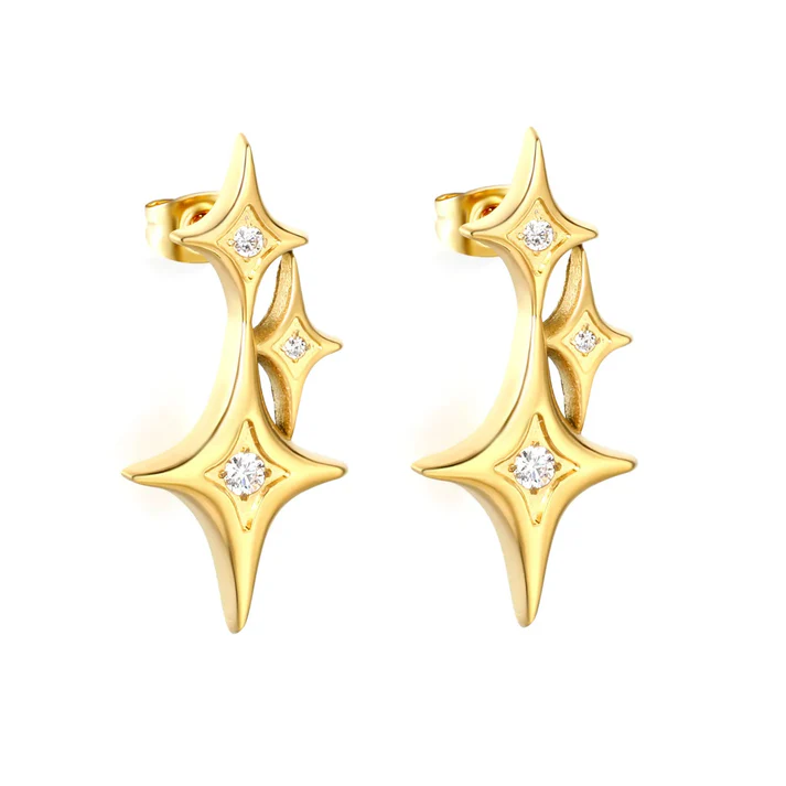 Stainless Steel Gold Color PVD Diamond Four Pointed Star Earrings