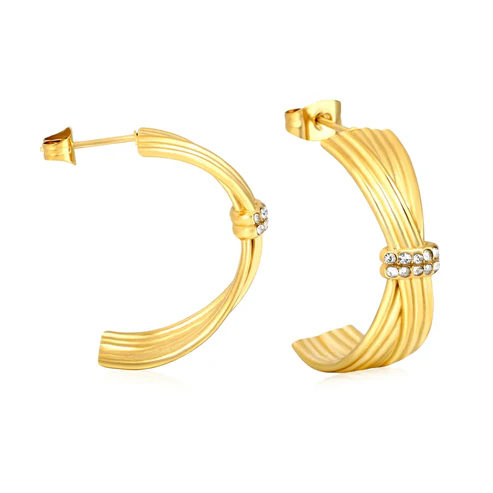 Stainless Steel Gold Color PVD Woven Curved Earrings With Sparkling Rhinestones