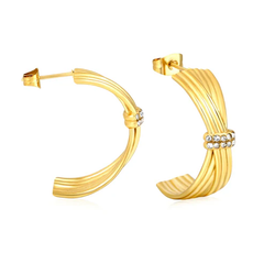 Tresoli Stainless Steel Gold Color PVD Woven Curved Earrings With Sparkling Rhinestones