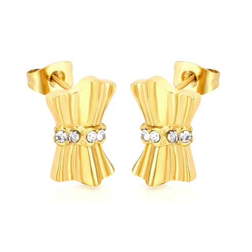 Stainless Steel Gold Color PVD Bow Stud Earrings With Sparkling Rhinestones