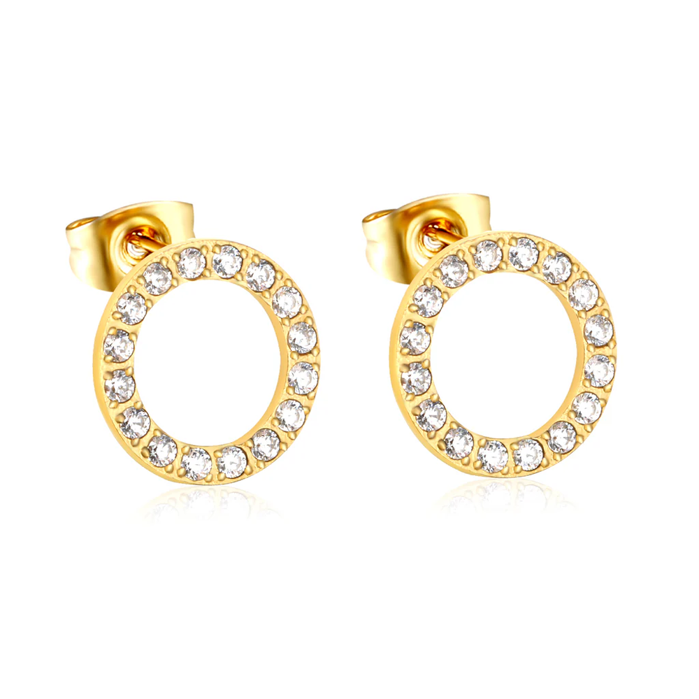 Stainless Steel Gold Color PVD Diamond Studded Openwork Hoop Stud Earrings