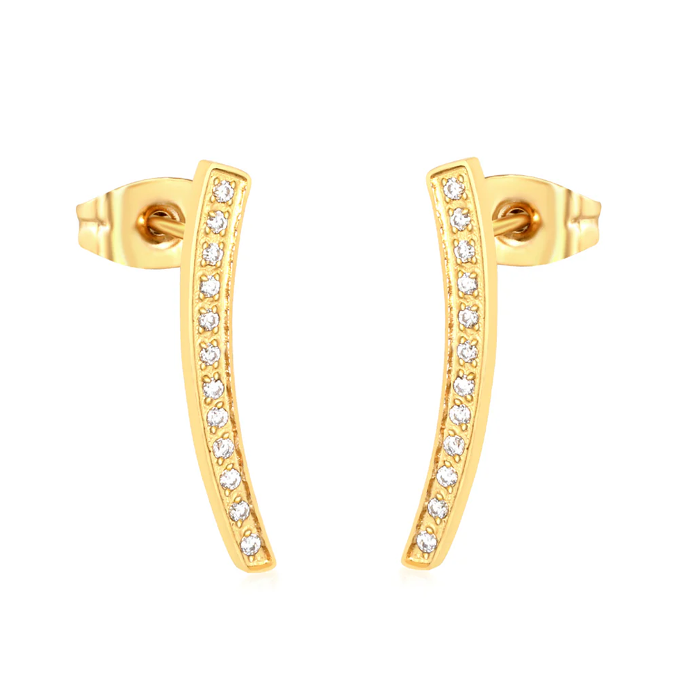 Stainless Steel Gold Color PVD Willow Leaf Eyebrow Diamond Stud Earrings