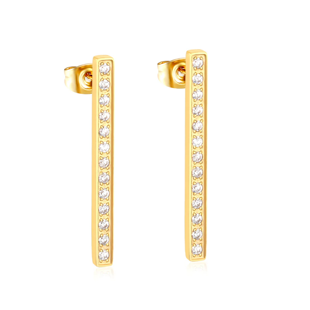 Stainless Steel Gold Color PVD Straight Bar Diamond Stud Earrings