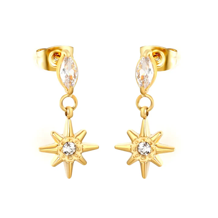 Stainless Steel Gold Color PVD Marquise Eight Pointed Star Stud Earrings