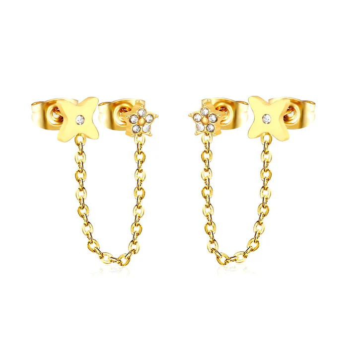 Stainless Steel Gold Color PVD CZ Flower And Star Stud Paired With Cross Chain Connector Earrings