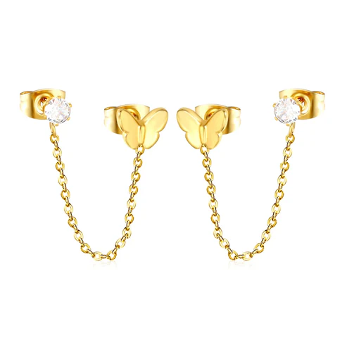 Stainless Steel Gold Color PVD Butterfly And Prong White Zirconia Cross Chain Earrings