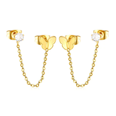 Tresoli Stainless Steel Gold Color PVD Butterfly And Prong White Zirconia Cross Chain Earrings