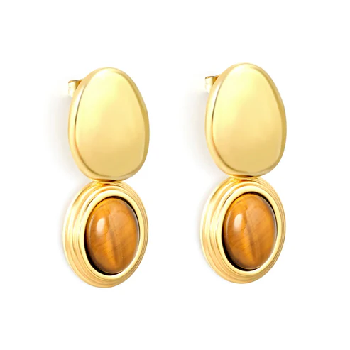 Stainless Steel Gold Color PVD Tiger Eye Stone Smooth Oval Earrings