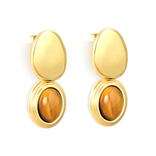Load image into Gallery viewer, Tresoli Stainless Steel Gold Color PVD Tiger Eye Stone Smooth Oval Earrings