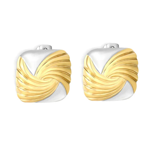 Stainless Steel And Gold Color PVD Square Spiral Pattern Stud  Earrings