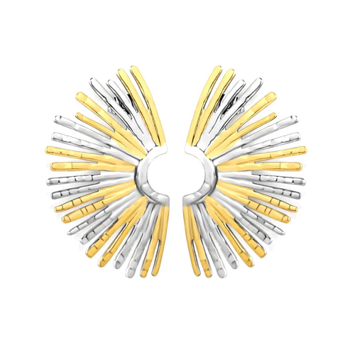 Stainless Steel And Gold Color PVD Fan Shaped Stud Earrings