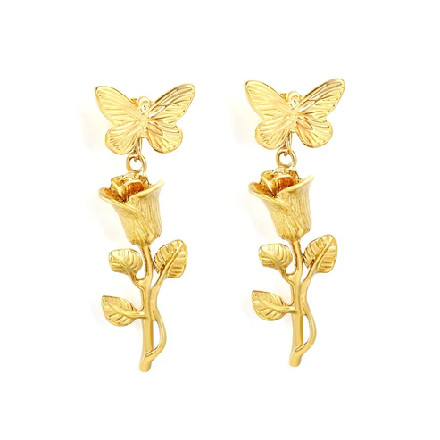 Stainless Steel Gold Color PVD Butterfly And Rose Tassel Earrings