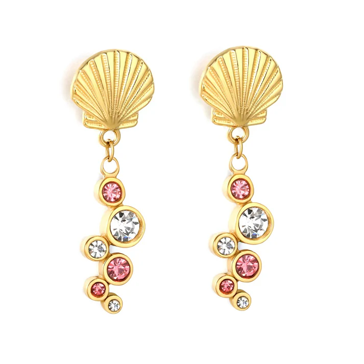 Stainless Steel Gold Color PVD Shell Mixed Color Diamonds Tassel Earrings