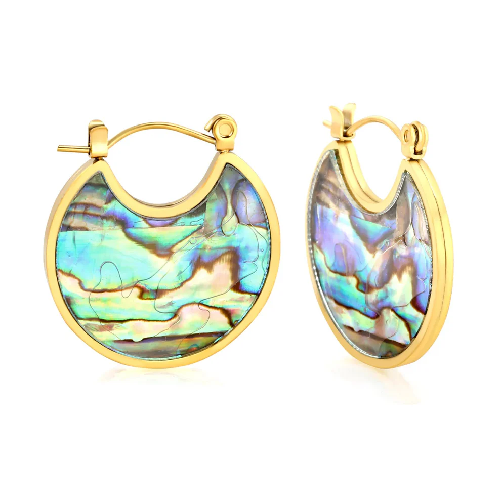 Stainless Steel Gold Color PVD Elegant Round Abalone Shell Drop Earrings