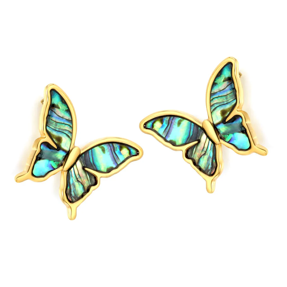 Stainless Steel Gold Color PVD Abalone Shell Butterfly Stud Earrings
