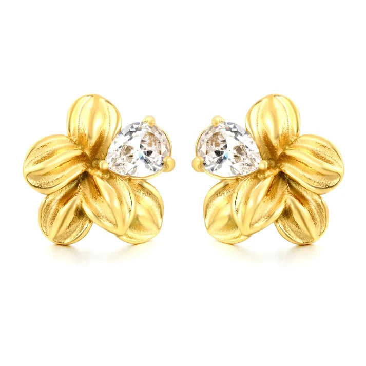 Stainless Steel Gold Color PVD Teardrop Cut Cubic Zirconia Three Dimensional Floral Stud Earrings