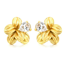 Load image into Gallery viewer, Stainless Steel Gold Color PVD Teardrop Cut Cubic Zirconia Three Dimensional Floral Stud Earrings