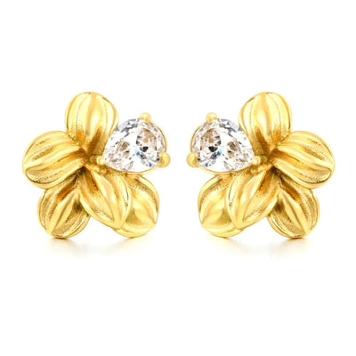 Stainless Steel Gold Color PVD Teardrop Cut Cubic Zirconia Three Dimensional Floral Stud Earrings