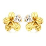 Stainless Steel Gold Color PVD Teardrop Cut Cubic Zirconia Three Dimensional Floral Stud Earrings